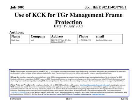 Use of KCK for TGr Management Frame Protection