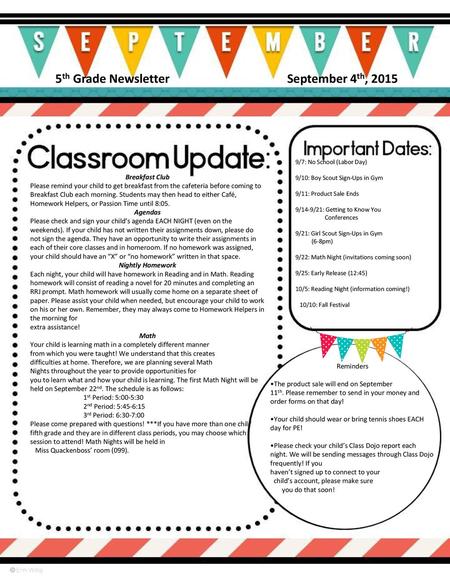 5th Grade Newsletter September 4th, 2015