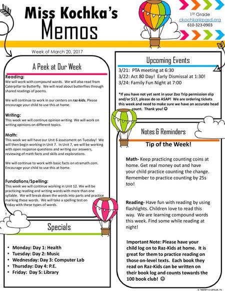 Memos Miss Kochka’s Specials Upcoming Events A Peek at Our Week