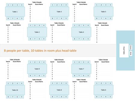 8 people per table, 10 tables in room plus head table