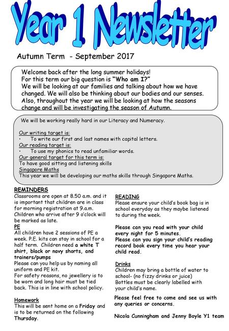 Year 1 Newsletter Autumn Term - September 2017