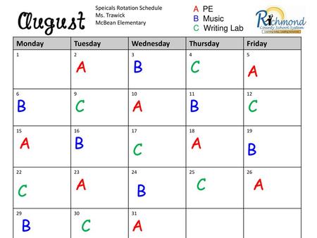 A PE B Music C Writing Lab Monday Tuesday Wednesday Thursday Friday