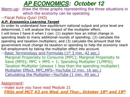 FRQs and MCT #2 are Wed. and Thur., October 18th and 19th