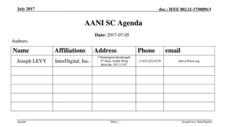 AANI SC Agenda Date: Authors: July 2017