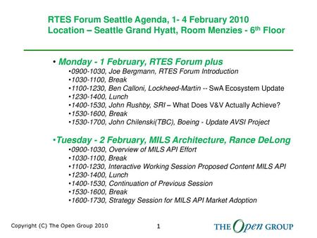 RTES Forum Seattle Agenda, 1- 4 February 2010