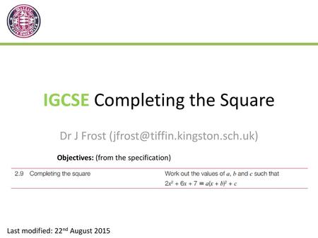 IGCSE Completing the Square