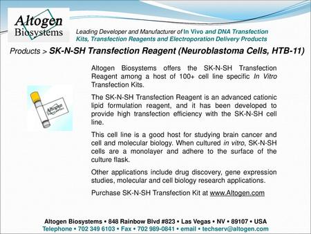 Altogen labs Leading Developer and Manufacturer of In Vivo and DNA Transfection Kits, Transfection Reagents and Electroporation Delivery Products Products.