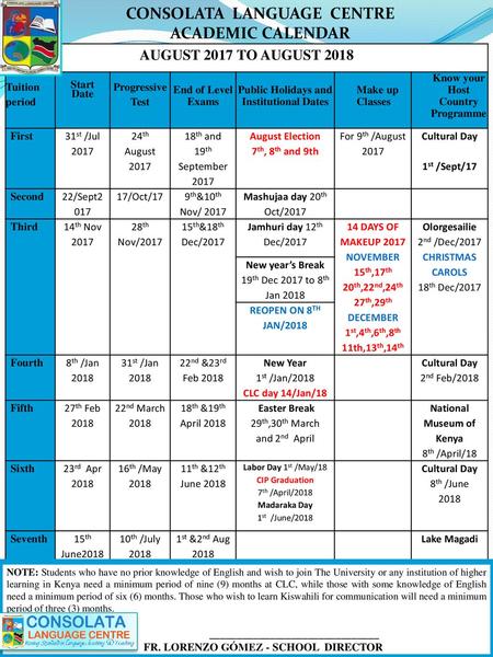 CONSOLATA LANGUAGE CENTRE ACADEMIC CALENDAR