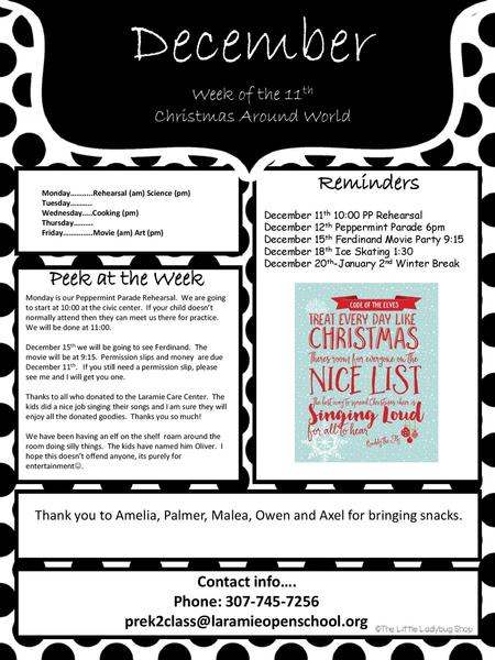 December Reminders Peek at the Week Week of the 11th