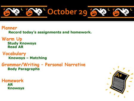 October 29 Planner Warm Up Vocabulary