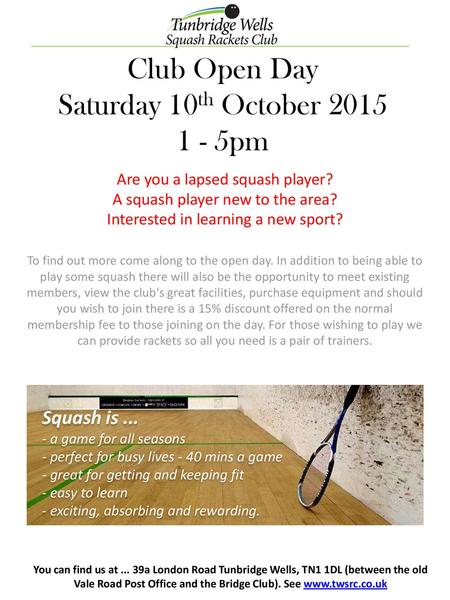 Club Open Day Saturday 10th October pm