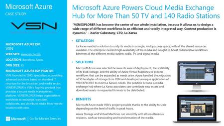 Microsoft Azure Powers Cloud Media Exchange Hub for More Than 50 TV and 140 Radio Stations “VSNEXPLORER has become the center of our whole installation,