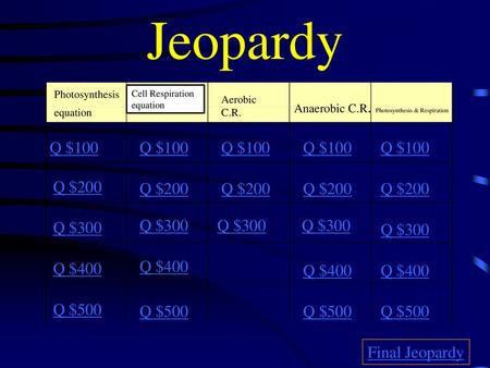 Jeopardy Photosynthesis & Respiration Q $100 Q $100 Q $100 Q $100