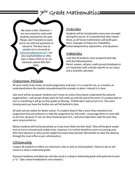 7th Grade Mathematics Overview Materials Classroom Policies