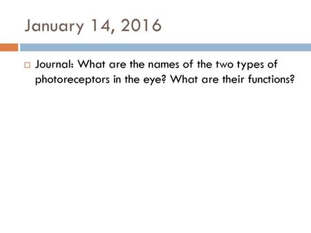 January 14, 2016 Journal: What are the names of the two types of photoreceptors in the eye? What are their functions?