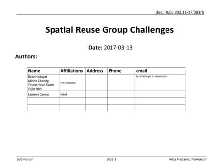 Spatial Reuse Group Challenges