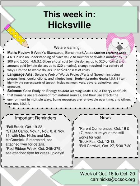 Hicksville This week in: We are learning: Week of Oct. 16 to Oct. 20