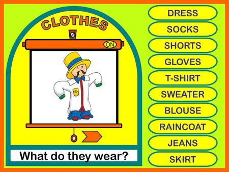 CLOTHES What do they wear? DRESS SOCKS SHORTS GLOVES T-SHIRT SWEATER