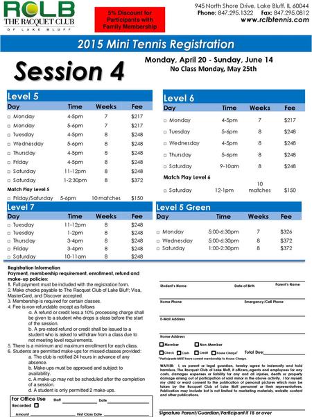 Session Mini Tennis Registration Level Level 6 Level 5 Level 7