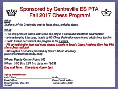 Sponsored by Centreville ES PTA Fall 2017 Chess Program!