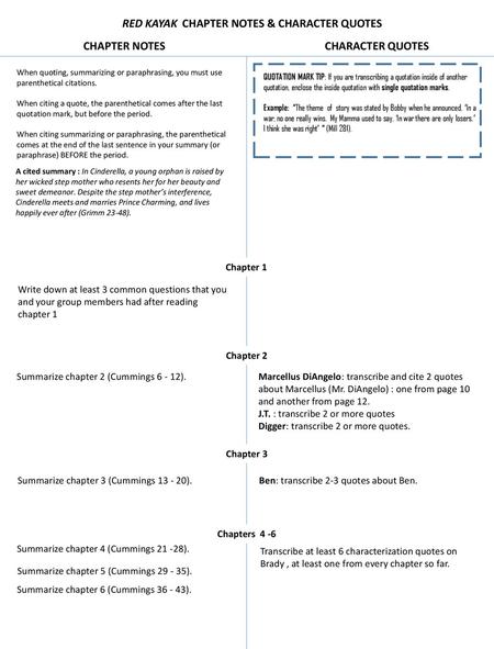 RED KAYAK CHAPTER NOTES & CHARACTER QUOTES