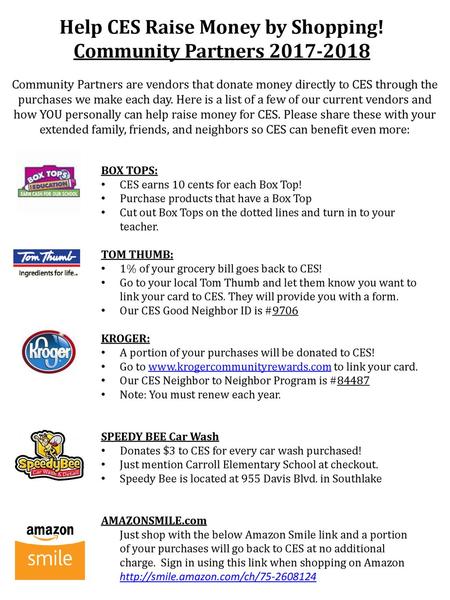 Help CES Raise Money by Shopping! Community Partners