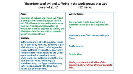 ‘The existence of evil and suffering in the world proves that God does not exist.’ 		(12 marks) Agree: Examples of natural and moral evil / God is omnipotent.