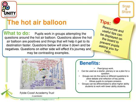 The hot air balloon Tips: What to do: Benefits: Snap & Share