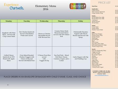 PRICE LIST Elementary Menu 2016