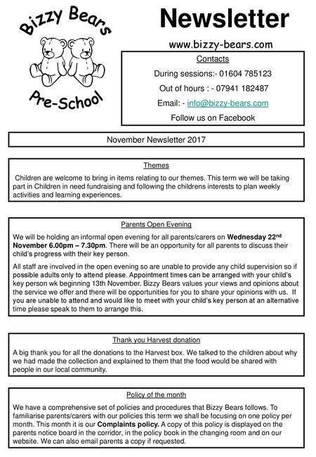 Bizzy Bears Pre-School Newsletter   Contacts