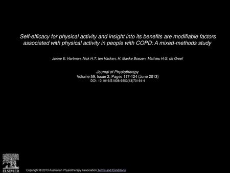 Self-efficacy for physical activity and insight into its benefits are modifiable factors associated with physical activity in people with COPD: A mixed-methods.