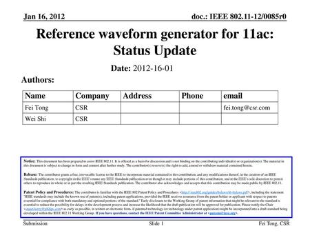 Reference waveform generator for 11ac: Status Update