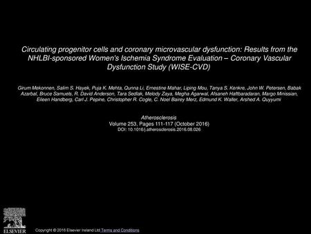 Circulating progenitor cells and coronary microvascular dysfunction: Results from the NHLBI-sponsored Women's Ischemia Syndrome Evaluation – Coronary.