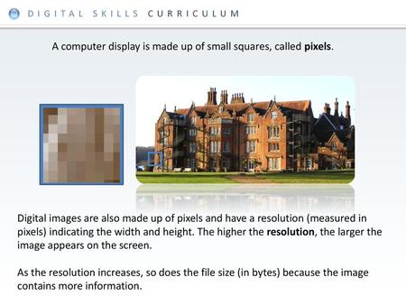 A computer display is made up of small squares, called pixels.