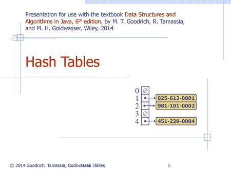 Hash Tables 3/25/15 Presentation for use with the textbook Data Structures and Algorithms in Java, 6th edition, by M. T. Goodrich, R. Tamassia, and M.