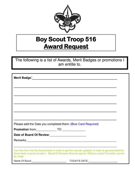 Boy Scout Troop 516 Award Request