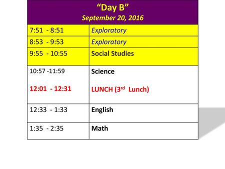 “Day B” September 20, :51 - 8:51 Exploratory 8:53 - 9:53