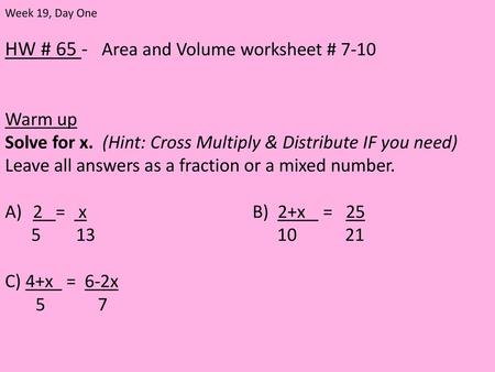 HW # 65 - Area and Volume worksheet # 7-10