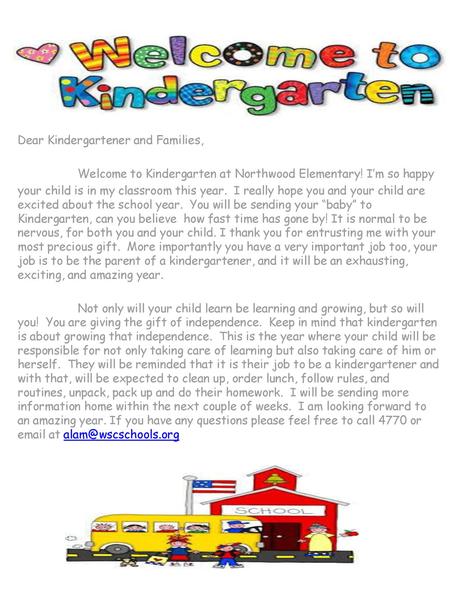 Dear Kindergartener and Families,