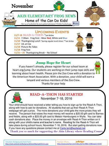 November Akin Elementary Frog News Home of the Can Do Kids!