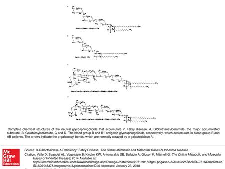 Complete chemical structures of the neutral glycosphingolipids that accumulate in Fabry disease. A, Globotriaosylceramide, the major accumulated substrate.