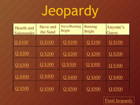 Jeopardy Anyone’s Guess Q $100 Q $100 Q $100 Q $100 Q $100 Q $200