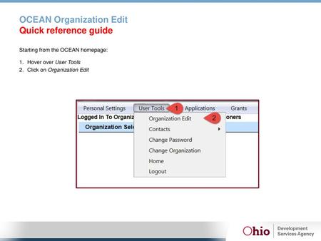 OCEAN Organization Edit Quick reference guide