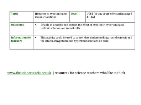 Topic Hypertonic, hypotonic and isotonic solutions Level