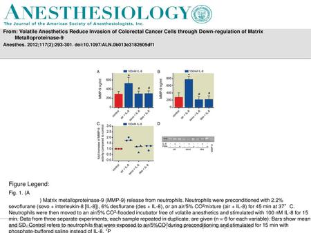 From: Volatile Anesthetics Reduce Invasion of Colorectal Cancer Cells through Down-regulation of Matrix Metalloproteinase-9 Anesthes. 2012;117(2):293-301.