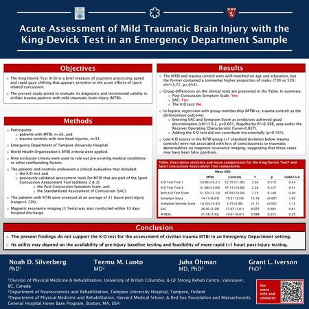 Acute Assessment of Mild Traumatic Brain Injury with the King-Devick Test in an Emergency Department Sample Objectives Results The MTBI and trauma control.