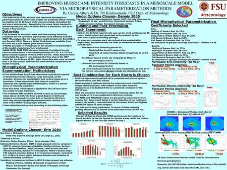 IMPROVING HURRICANE INTENSITY FORECASTS IN A MESOSCALE MODEL VIA MICROPHYSICAL PARAMETERIZATION METHODS By Cerese Albers & Dr. TN Krishnamurti- FSU Dept.