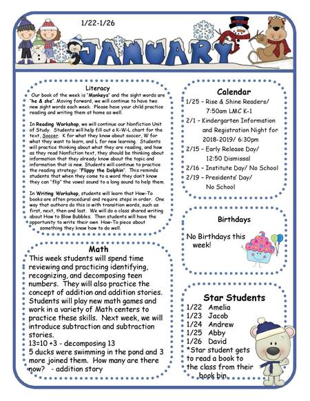 Star Students Calendar Math 1/22-1/26 Birthdays No Birthdays this