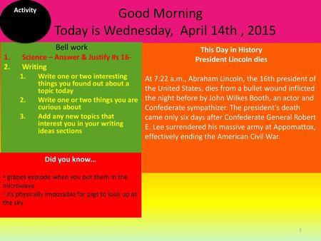 Good Morning Today is Wednesday, April 14th , 2015