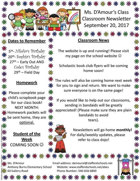 Ms. D’Amour’s Class Classroom Newsletter September 20, 2017